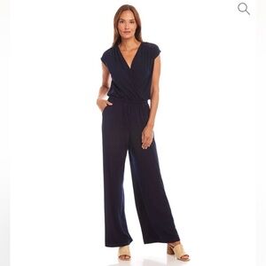 Karen Kane NWT Sleeveless Travel Jersey Wide Leg Stretchy Jumpsuit Navy Blue XL